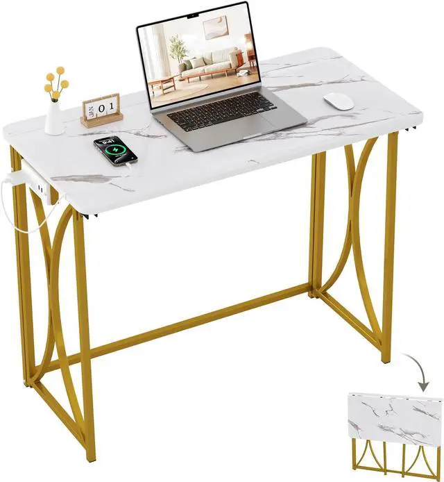 Main image of Folding Desk, 31.5" Small Desk for Bedroom with Power Outlet, Space Saving Foldable Computer Desk for Home Office, Easy Assembly, White and Gold