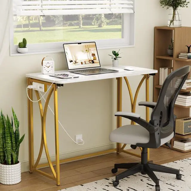 Alt view image 7 of 7 - Folding Desk, 31.5" Small Desk for Bedroom with Power Outlet, Space Saving Foldable Computer Desk for Home Office, Easy Assembly, White and Gold