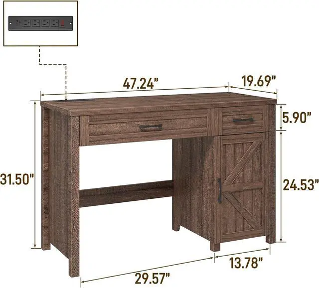 Alt view image 2 of 7 - Farmhouse 47" Executive Desk, Computer Desk with Drawers and Storage Cabinet, Workstation Computer Desk for Home Office, Study.Red-Brown
