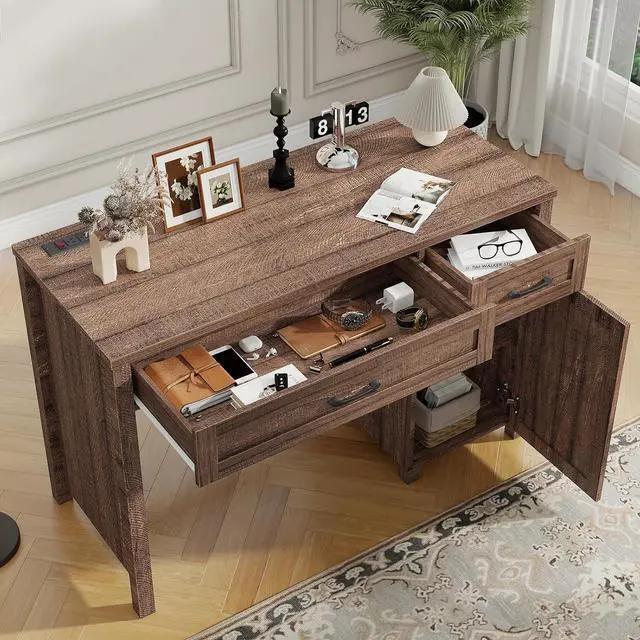 Alt view image 5 of 7 - Farmhouse 47" Executive Desk, Computer Desk with Drawers and Storage Cabinet, Workstation Computer Desk for Home Office, Study.Red-Brown