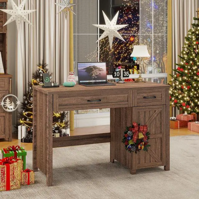 Alt view image 6 of 7 - Farmhouse 47" Executive Desk, Computer Desk with Drawers and Storage Cabinet, Workstation Computer Desk for Home Office, Study.Red-Brown