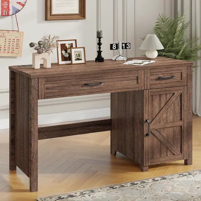 Alt view image 7 of 7 - Farmhouse 47" Executive Desk, Computer Desk with Drawers and Storage Cabinet, Workstation Computer Desk for Home Office, Study.Red-Brown