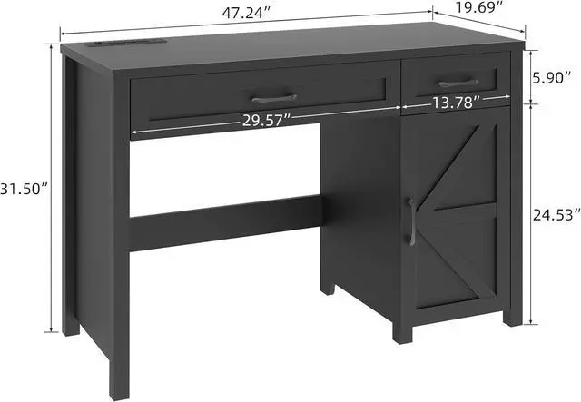 Alt view image 2 of 7 - Farmhouse 47" Executive Desk, Computer Desk with Drawers and Storage Cabinet, Workstation for Home Office and Study.(Pure Black)
