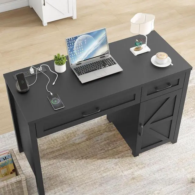 Alt view image 3 of 7 - Farmhouse 47" Executive Desk, Computer Desk with Drawers and Storage Cabinet, Workstation for Home Office and Study.(Pure Black)