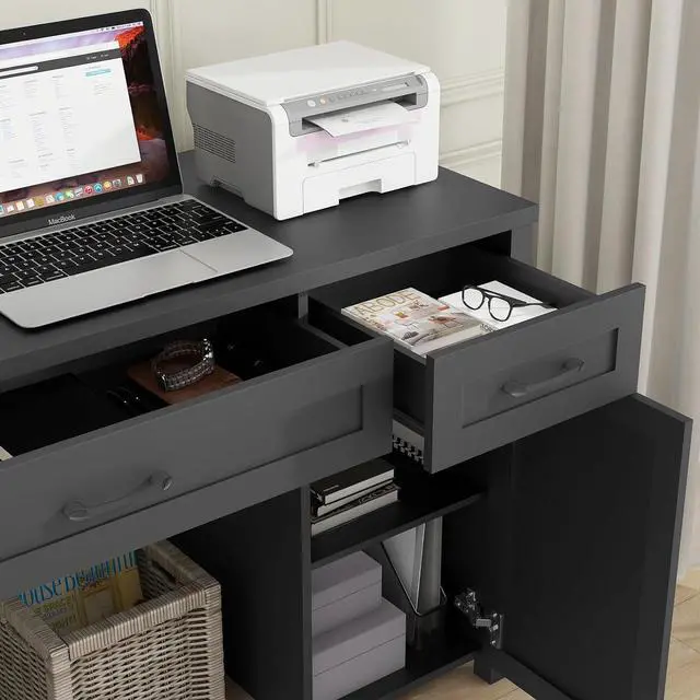 Alt view image 5 of 7 - Farmhouse 47" Executive Desk, Computer Desk with Drawers and Storage Cabinet, Workstation for Home Office and Study.(Pure Black)