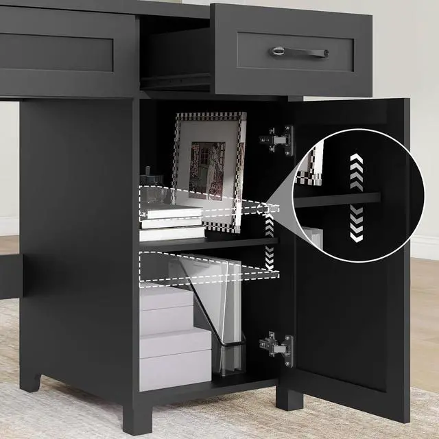Alt view image 6 of 7 - Farmhouse 47" Executive Desk, Computer Desk with Drawers and Storage Cabinet, Workstation for Home Office and Study.(Pure Black)