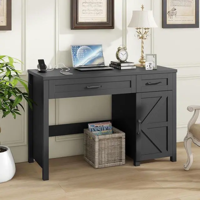 Alt view image 7 of 7 - Farmhouse 47" Executive Desk, Computer Desk with Drawers and Storage Cabinet, Workstation for Home Office and Study.(Pure Black)