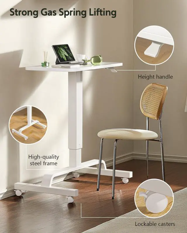 Alt view image 4 of 7 - Height Adjustable Mobile Standing Desk with 360° Swivel Casters, 29"-45" Pneumatic Rolling Desk on Wheels, Perfect for Home Office, Bedroom, Living Room, White