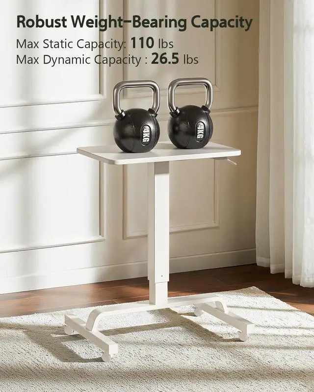 Alt view image 5 of 7 - Height Adjustable Mobile Standing Desk with 360° Swivel Casters, 29"-45" Pneumatic Rolling Desk on Wheels, Perfect for Home Office, Bedroom, Living Room, White