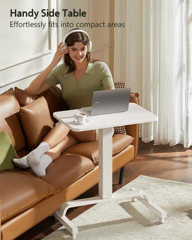 Alt view image 6 of 7 - Height Adjustable Mobile Standing Desk with 360° Swivel Casters, 29"-45" Pneumatic Rolling Desk on Wheels, Perfect for Home Office, Bedroom, Living Room, White