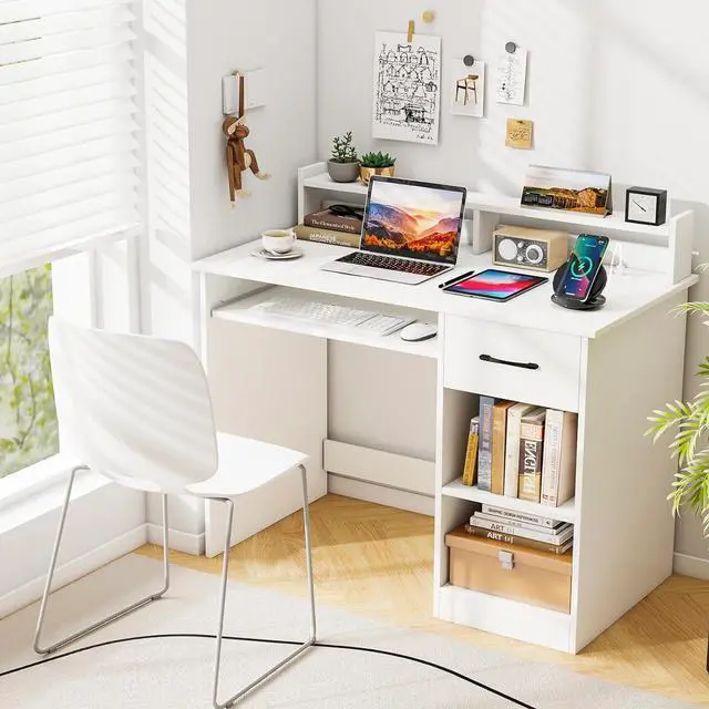 Alt view image 2 of 7 - Tangkula White Desk with Drawer & Keyboard Tray, Home Office Desk with Built-in Charge Station & Adjustable Shelf, Study Writing Table with Hutch, Modern Computer PC Workstation