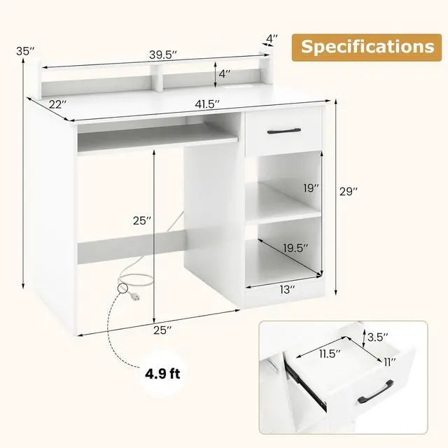 Alt view image 3 of 7 - Tangkula White Desk with Drawer & Keyboard Tray, Home Office Desk with Built-in Charge Station & Adjustable Shelf, Study Writing Table with Hutch, Modern Computer PC Workstation