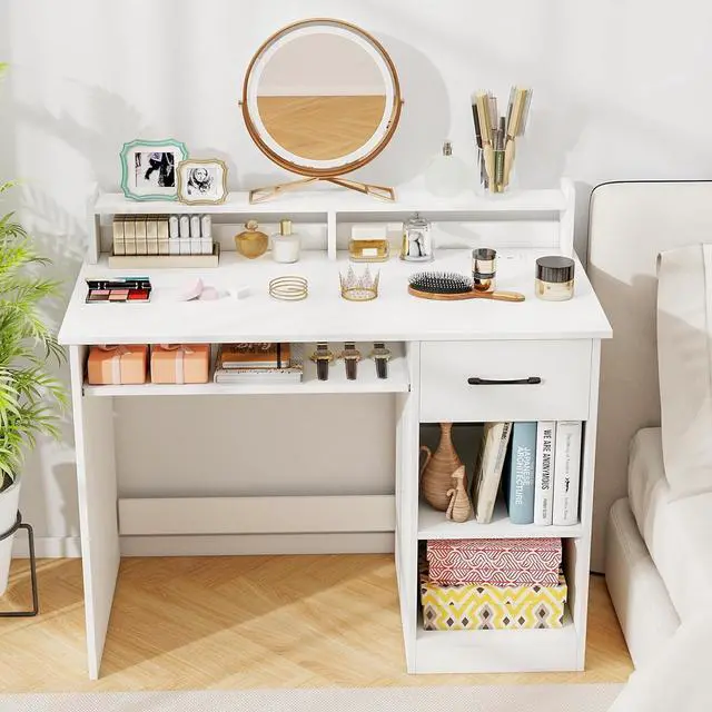 Alt view image 4 of 7 - Tangkula White Desk with Drawer & Keyboard Tray, Home Office Desk with Built-in Charge Station & Adjustable Shelf, Study Writing Table with Hutch, Modern Computer PC Workstation
