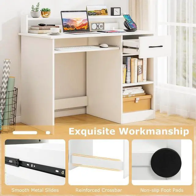 Alt view image 7 of 7 - Tangkula White Desk with Drawer & Keyboard Tray, Home Office Desk with Built-in Charge Station & Adjustable Shelf, Study Writing Table with Hutch, Modern Computer PC Workstation