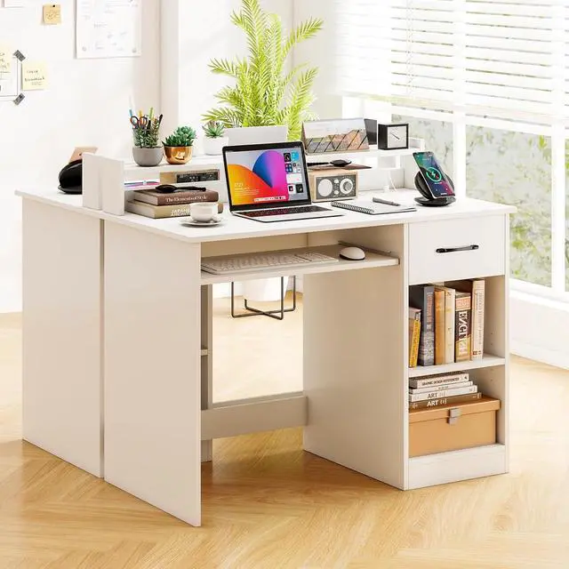 Alt view image 5 of 7 - Tangkula White Desk with Drawer & Keyboard Tray, Home Office Desk with Built-in Charge Station & Adjustable Shelf, Study Writing Table with Hutch, Modern Computer PC Workstation