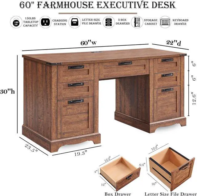 Alt view image 2 of 7 - RedLemon 60" Farmhouse Executive Desk, Home Office Desk with Drawers, Charging Station, Keyboard Tray, File Drawer, Storage Cabinet, Wood Rustic Computer Writing Desk (Reclaimed Barnwood)