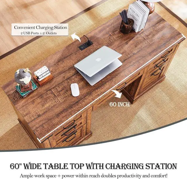 Alt view image 4 of 7 - RedLemon 60" Farmhouse Executive Desk, Home Office Desk with Drawers, Charging Station, Keyboard Tray, File Drawer, Storage Cabinet, Wood Rustic Computer Writing Desk (Reclaimed Barnwood)