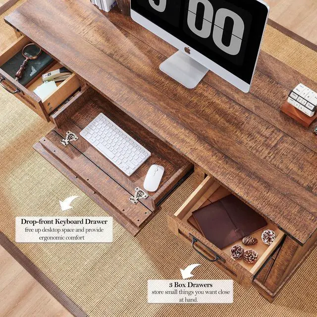 Alt view image 7 of 7 - RedLemon 60" Farmhouse Executive Desk, Home Office Desk with Drawers, Charging Station, Keyboard Tray, File Drawer, Storage Cabinet, Wood Rustic Computer Writing Desk (Reclaimed Barnwood)