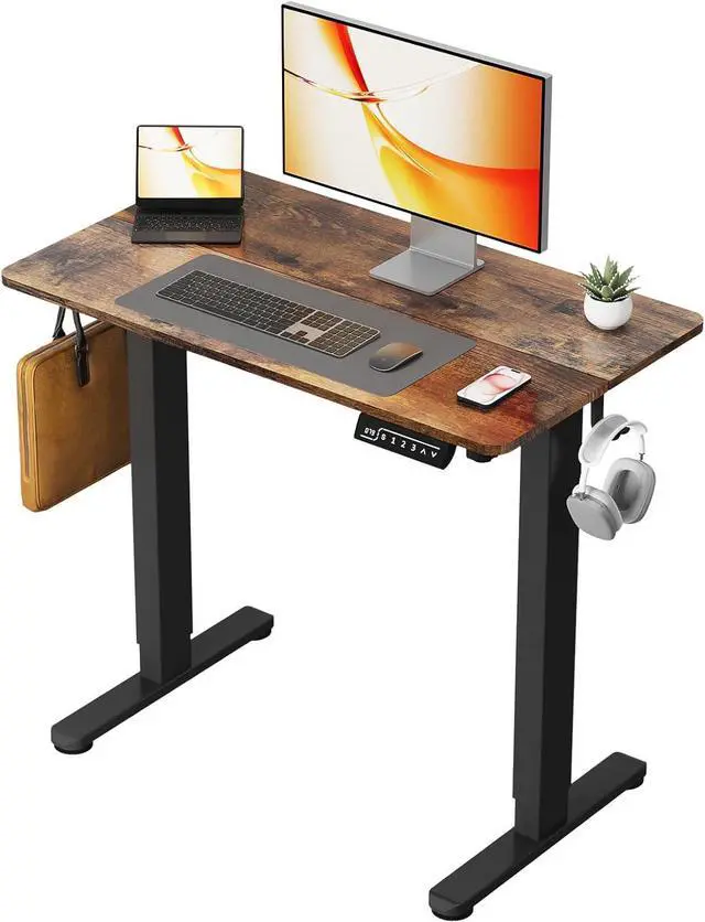 Main image of Small Standing Desk, 35" ×20" Electric Standing Table, Height Adjustable Compact Sit Stand Workstation with Splice Board, Home Office Desk with 2 Hooks, Rustic Brown