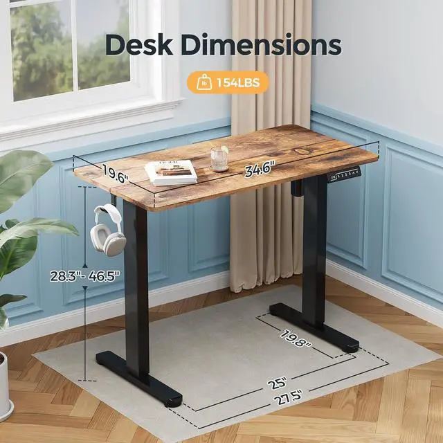 Alt view image 2 of 7 - Small Standing Desk, 35" ×20" Electric Standing Table, Height Adjustable Compact Sit Stand Workstation with Splice Board, Home Office Desk with 2 Hooks, Rustic Brown