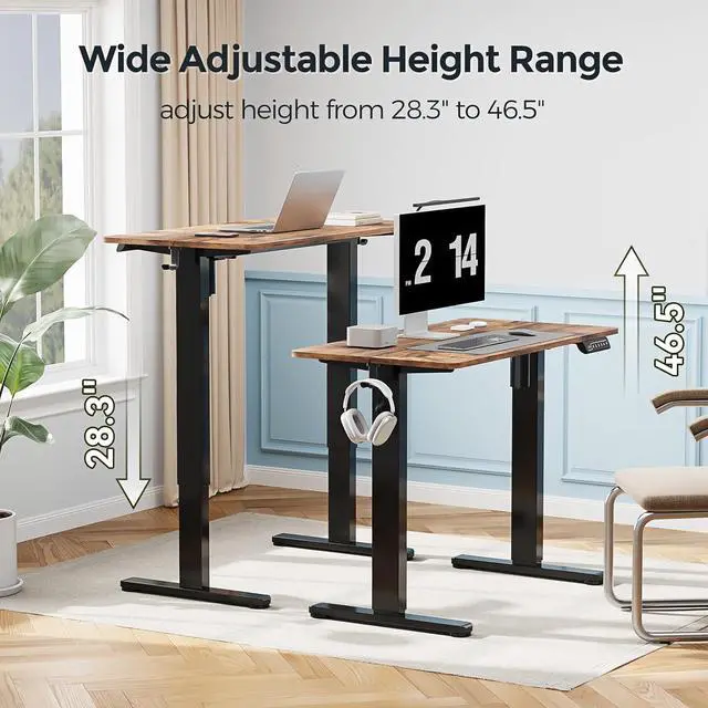 Alt view image 3 of 7 - Small Standing Desk, 35" ×20" Electric Standing Table, Height Adjustable Compact Sit Stand Workstation with Splice Board, Home Office Desk with 2 Hooks, Rustic Brown