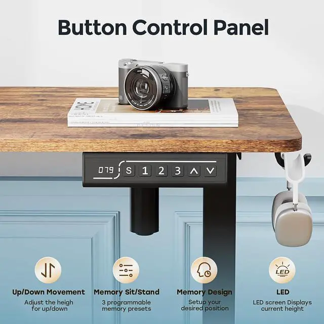 Alt view image 4 of 7 - Small Standing Desk, 35" ×20" Electric Standing Table, Height Adjustable Compact Sit Stand Workstation with Splice Board, Home Office Desk with 2 Hooks, Rustic Brown