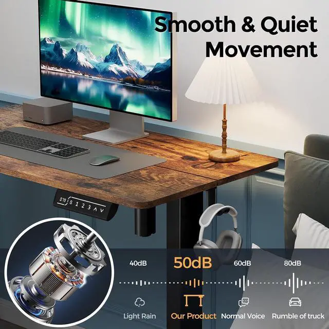 Alt view image 5 of 7 - Small Standing Desk, 35" ×20" Electric Standing Table, Height Adjustable Compact Sit Stand Workstation with Splice Board, Home Office Desk with 2 Hooks, Rustic Brown