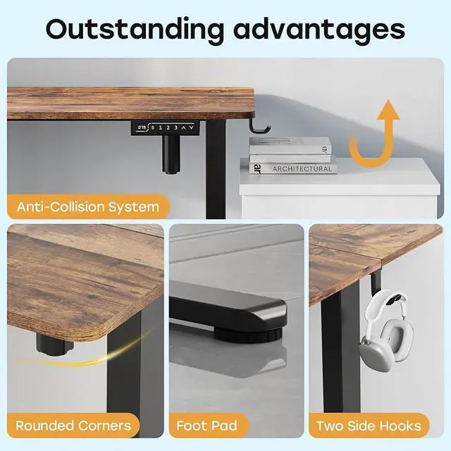 Alt view image 6 of 7 - Small Standing Desk, 35" ×20" Electric Standing Table, Height Adjustable Compact Sit Stand Workstation with Splice Board, Home Office Desk with 2 Hooks, Rustic Brown