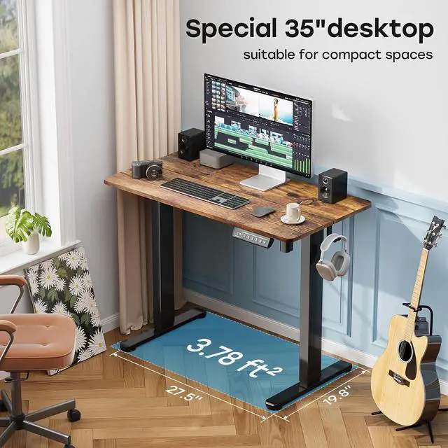 Alt view image 7 of 7 - Small Standing Desk, 35" ×20" Electric Standing Table, Height Adjustable Compact Sit Stand Workstation with Splice Board, Home Office Desk with 2 Hooks, Rustic Brown