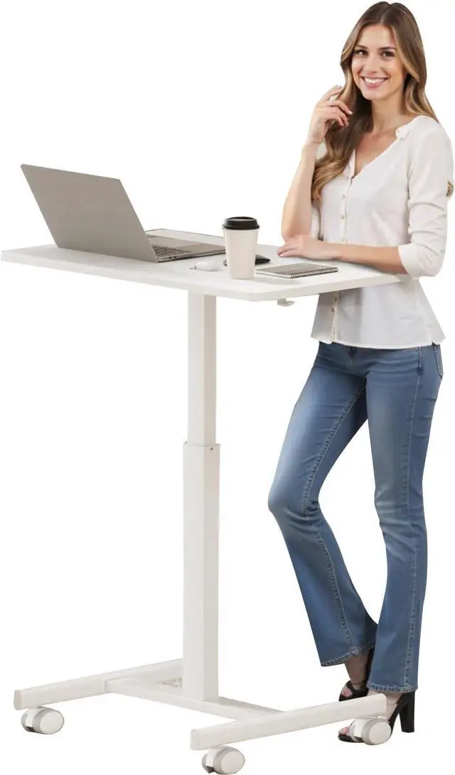 Main image of Mobile Small Standing Rolling Desk Adjustable Height, Portable Laptop Desk on Wheels, Workstation for Home Office with Hook,White