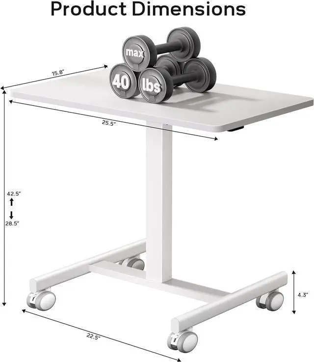 Alt view image 3 of 7 - Mobile Small Standing Rolling Desk Adjustable Height, Portable Laptop Desk on Wheels, Workstation for Home Office with Hook,White