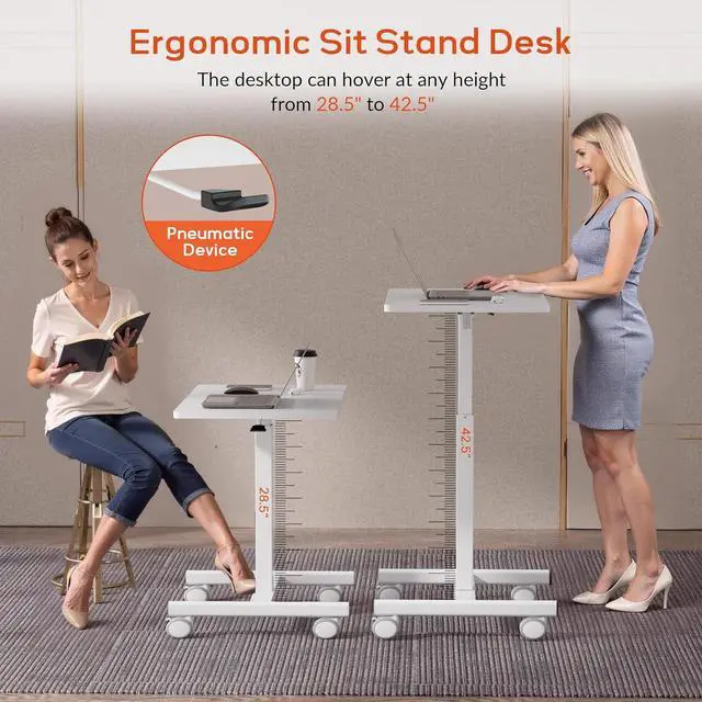 Alt view image 4 of 7 - Mobile Small Standing Rolling Desk Adjustable Height, Portable Laptop Desk on Wheels, Workstation for Home Office with Hook,White