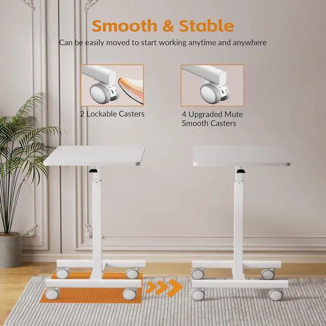 Alt view image 5 of 7 - Mobile Small Standing Rolling Desk Adjustable Height, Portable Laptop Desk on Wheels, Workstation for Home Office with Hook,White