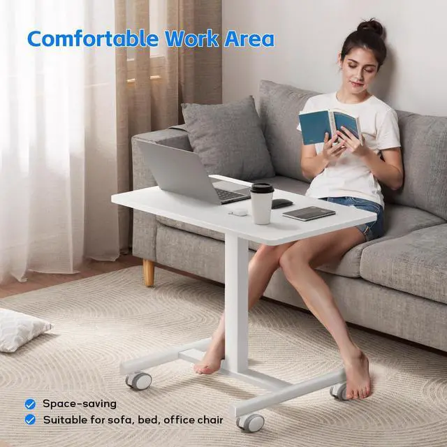 Alt view image 6 of 7 - Mobile Small Standing Rolling Desk Adjustable Height, Portable Laptop Desk on Wheels, Workstation for Home Office with Hook,White