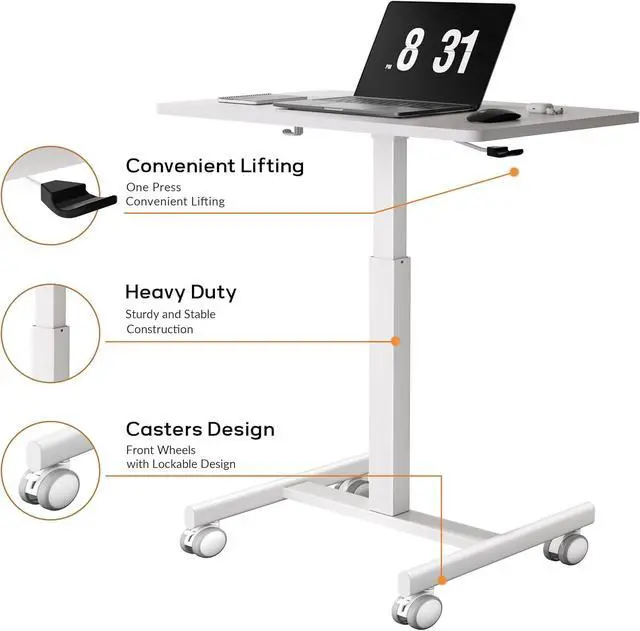 Alt view image 7 of 7 - Mobile Small Standing Rolling Desk Adjustable Height, Portable Laptop Desk on Wheels, Workstation for Home Office with Hook,White
