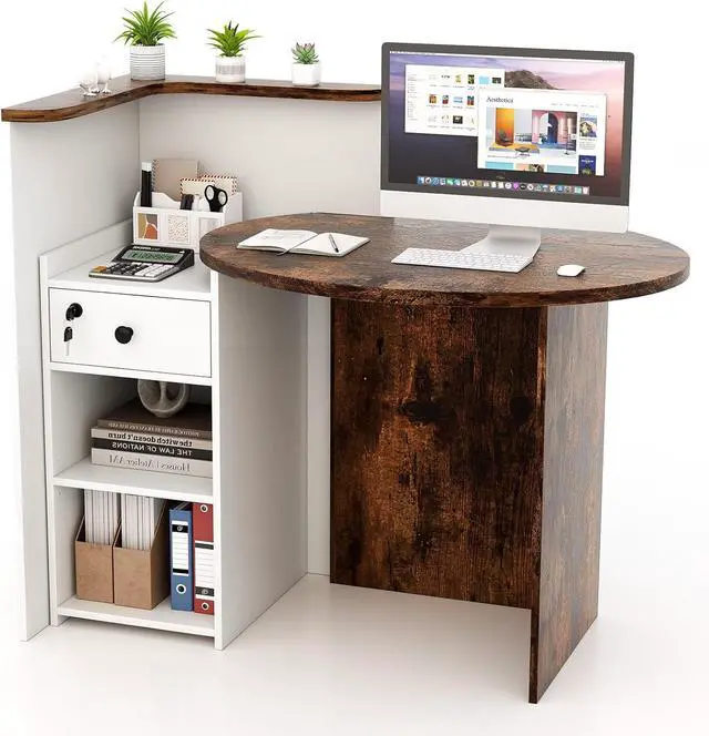 Main image of Reception Desk, Small Retail Checkout Counter with Lockable Drawer and Open Shelves, Wooden Computer Workstation for Home Office Lobby, White Oval Desktop & Brown Counter