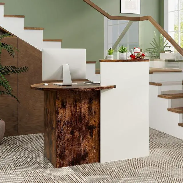 Alt view image 2 of 7 - Reception Desk, Small Retail Checkout Counter with Lockable Drawer and Open Shelves, Wooden Computer Workstation for Home Office Lobby, White Oval Desktop & Brown Counter