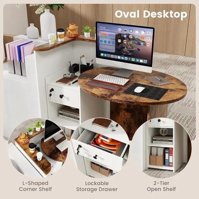 Alt view image 4 of 7 - Reception Desk, Small Retail Checkout Counter with Lockable Drawer and Open Shelves, Wooden Computer Workstation for Home Office Lobby, White Oval Desktop & Brown Counter