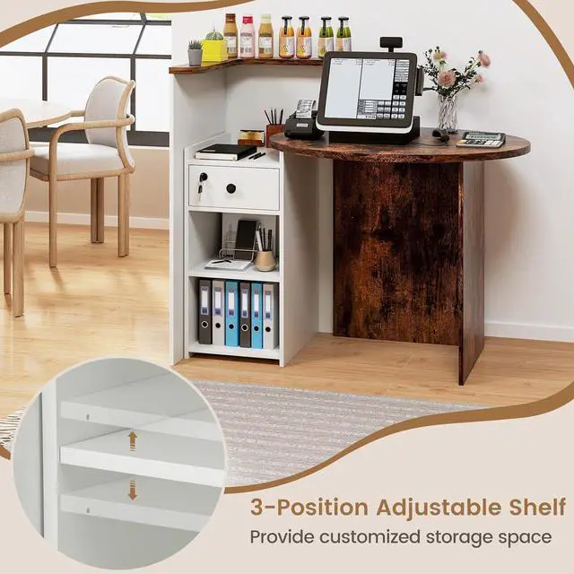 Alt view image 5 of 7 - Reception Desk, Small Retail Checkout Counter with Lockable Drawer and Open Shelves, Wooden Computer Workstation for Home Office Lobby, White Oval Desktop & Brown Counter