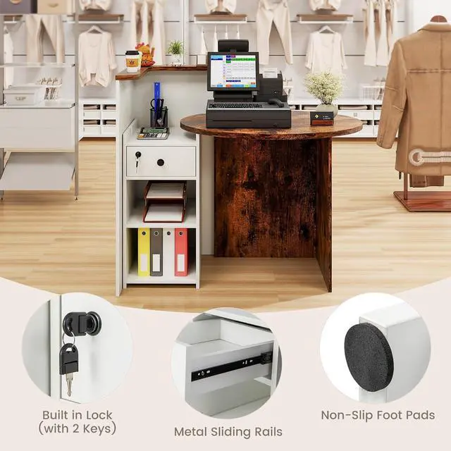 Alt view image 6 of 7 - Reception Desk, Small Retail Checkout Counter with Lockable Drawer and Open Shelves, Wooden Computer Workstation for Home Office Lobby, White Oval Desktop & Brown Counter