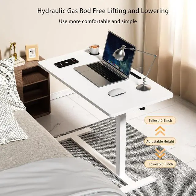 Alt view image 3 of 7 - Home Office Desks Height Adjustable with 360° Moveable Hidden Wheels,Multifunctional Pneumatic Laptop Desk Suitable for SofaBedsideStudy and Work Use,White