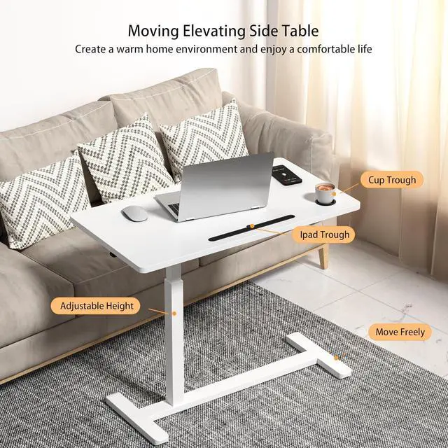 Alt view image 5 of 7 - Home Office Desks Height Adjustable with 360° Moveable Hidden Wheels,Multifunctional Pneumatic Laptop Desk Suitable for SofaBedsideStudy and Work Use,White