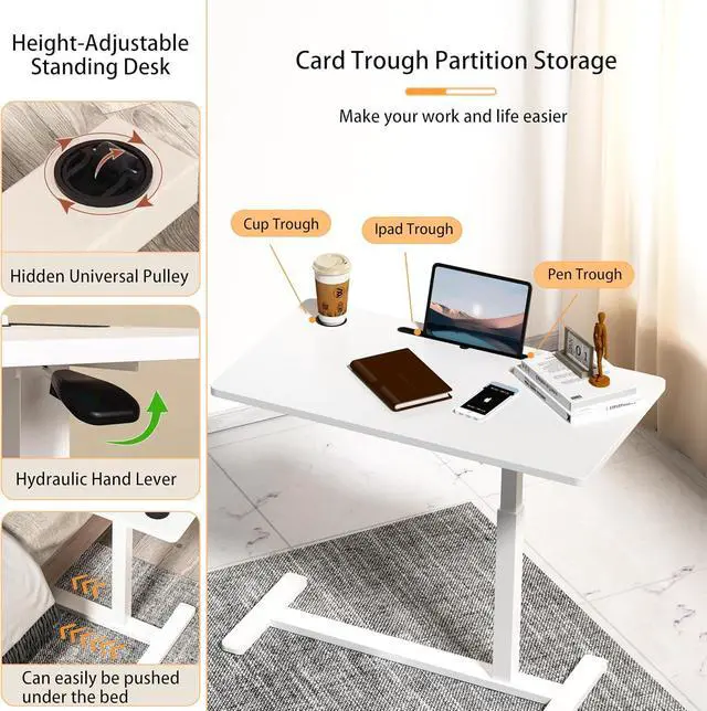 Alt view image 6 of 7 - Home Office Desks Height Adjustable with 360° Moveable Hidden Wheels,Multifunctional Pneumatic Laptop Desk Suitable for SofaBedsideStudy and Work Use,White