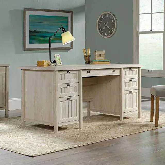 Alt view image 2 of 7 - Sauder Costa Office Desk with Drawers, Executive Desk with File Drawer Storage, in Chalked Chestnut