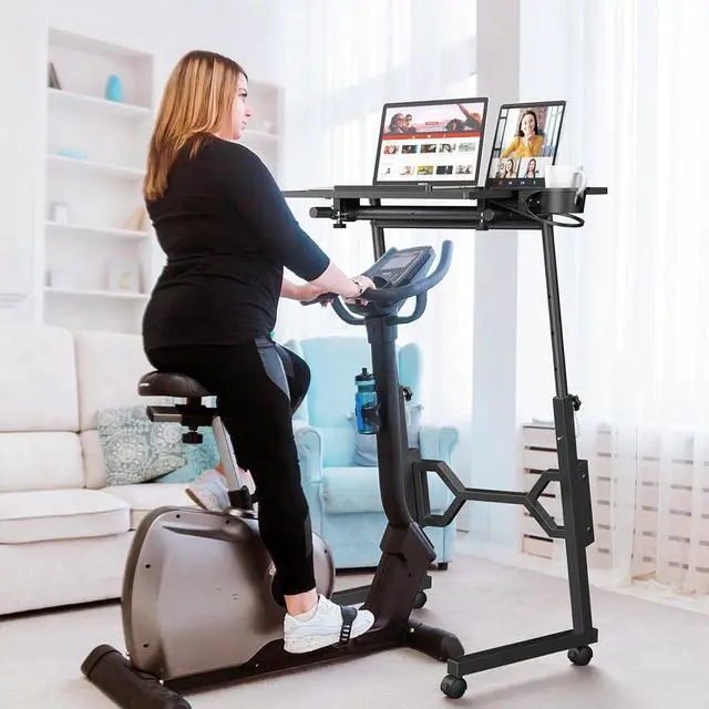 Alt view image 2 of 7 - Small Standing Desk with Wheels, Portable Treadmill Desk, Rolling Desk Adjustable Height for Laptop, Mobile Standing Table for Walking Pad, Bedside Table
