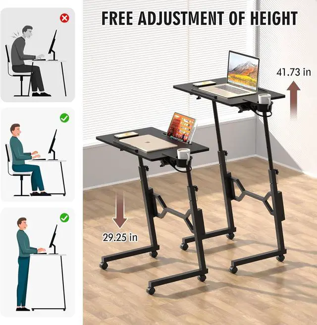 Alt view image 5 of 7 - Small Standing Desk with Wheels, Portable Treadmill Desk, Rolling Desk Adjustable Height for Laptop, Mobile Standing Table for Walking Pad, Bedside Table