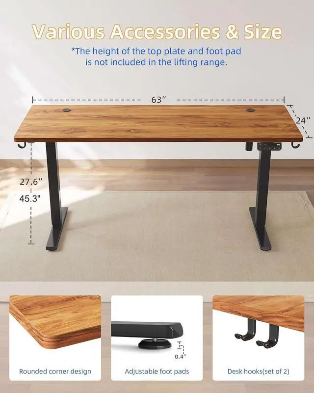 Alt view image 3 of 6 - YIHAYO Electric Standing Desk, 63 x 24 Inches Stand Up Desk with Splice Board, Computer Desk for Home Office, Black Frame/Rustic Brown Top