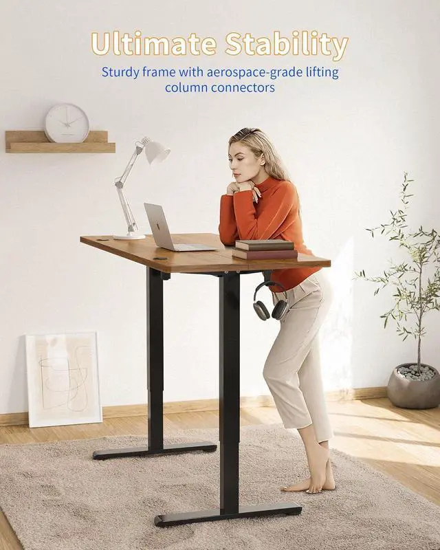 Alt view image 5 of 6 - YIHAYO Electric Standing Desk, 63 x 24 Inches Stand Up Desk with Splice Board, Computer Desk for Home Office, Black Frame/Rustic Brown Top