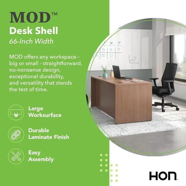 Alt view image 3 of 4 - HON MOD Executive Desk 66-Inch Large Computer Desk Shell, Thick Wooden Laminate, Modern Table with Cord Management, 66" W x 30" D x 29" H, Walnut