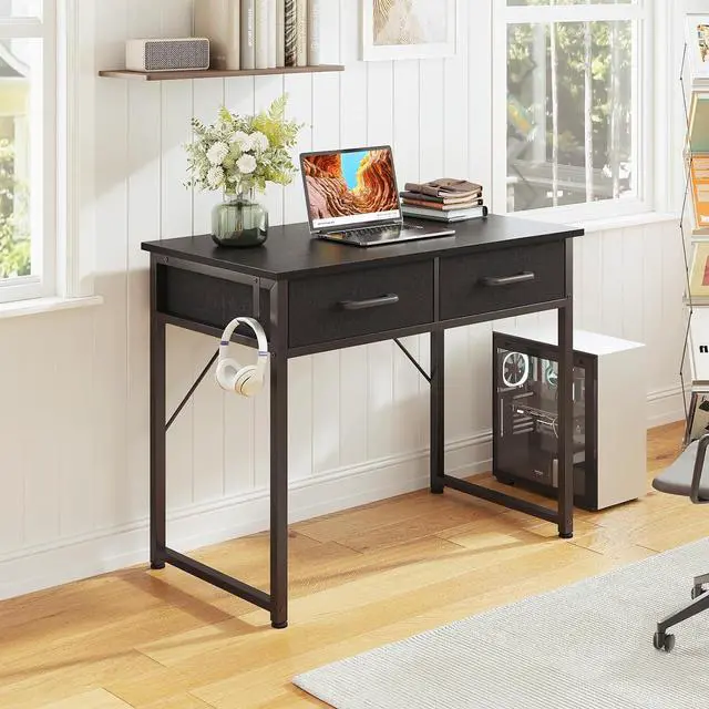 Alt view image 2 of 7 - Casaottima 32 Inch Small Office Computer Desk with 2 Drawers & Headphone Hook - Compact Writing Desk for Home Office, Study or Work, Modern Space-Saving Design for Small Spaces, Black